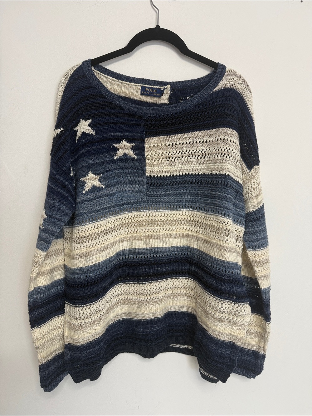 Polo by Ralph Lauren Navy and Cream Striped Star Knit Sweater